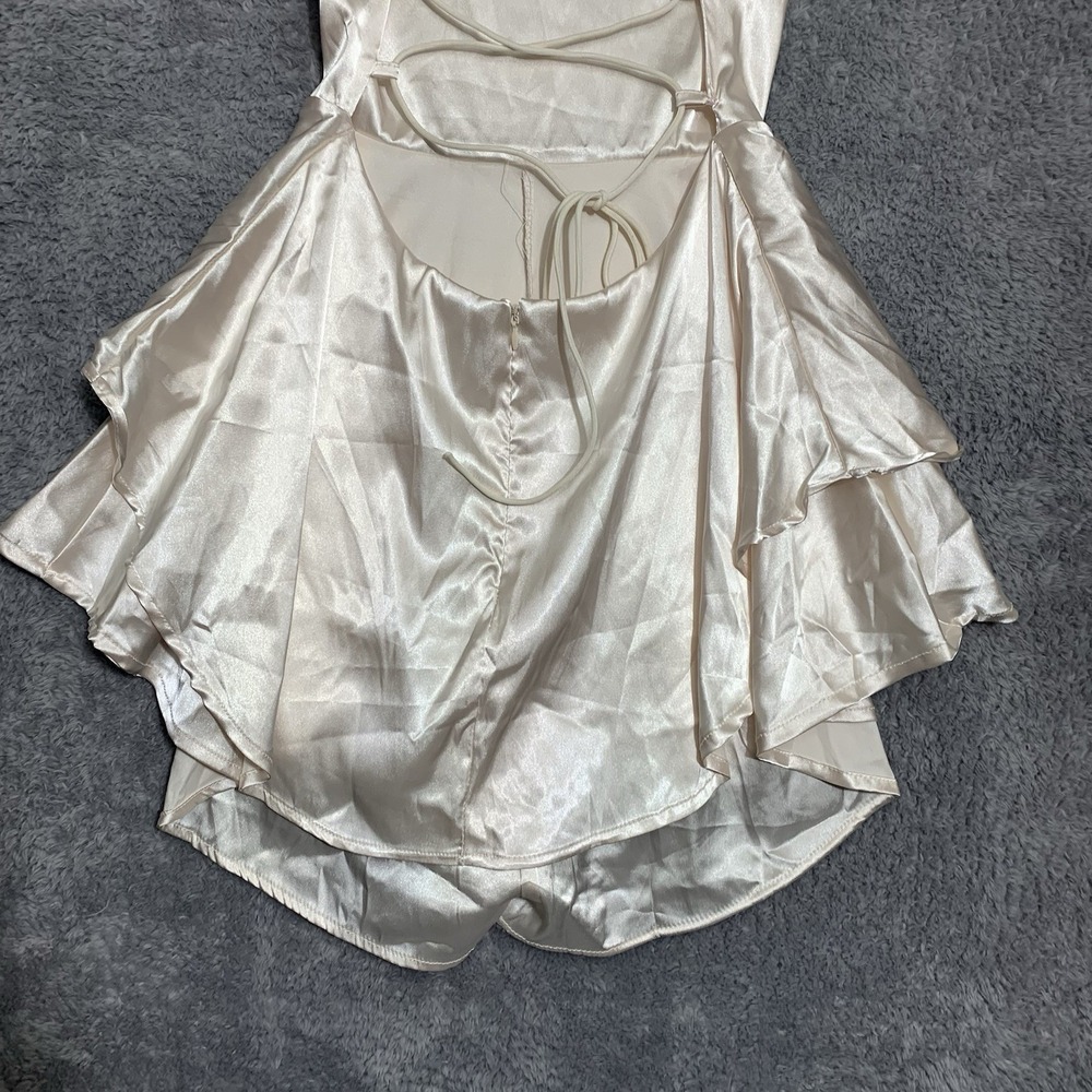 Unbranded Satin Romper Women S Champagne Cowl Neck Lace Up Back Tiered Ruffle - Picture 9 of 9